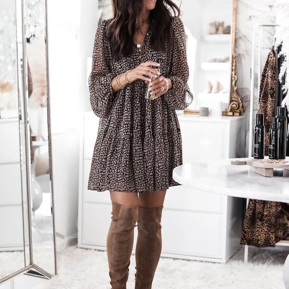 Lantern Sleeve Dot Print Ruffles Casual V-neck Long Sleeve Button Mini Dress - Picture 3 of 3